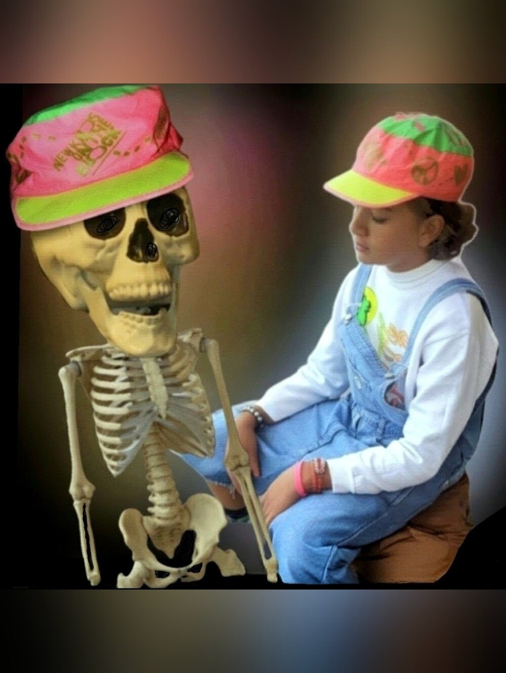 Vtg 80s neon pink grn New Kids on the block hands graphics newsboy hat cap rare
